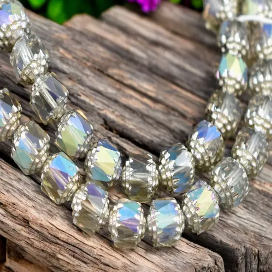 Silver Washed Smoke Apollo AB Fire Polished Cathedral Beads {1}