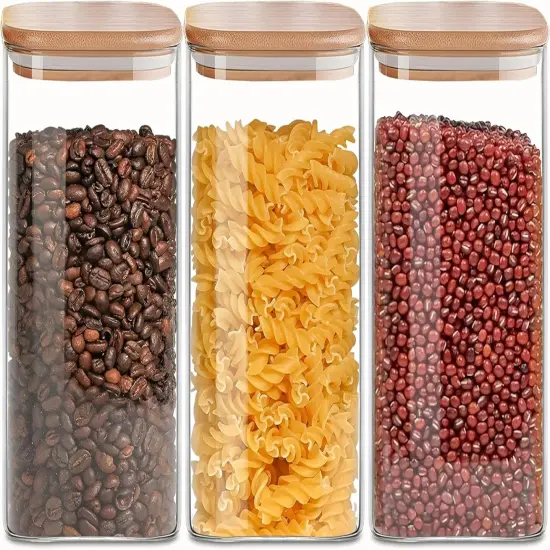 50oz Square Glass Storage Containers with Lids, Clear Food Storage Container Jar with Sealing Bamboo Lid for Noodles Flour Cereal Rice Sugar Tea Coffee Beans,Square Set of 3 {1}