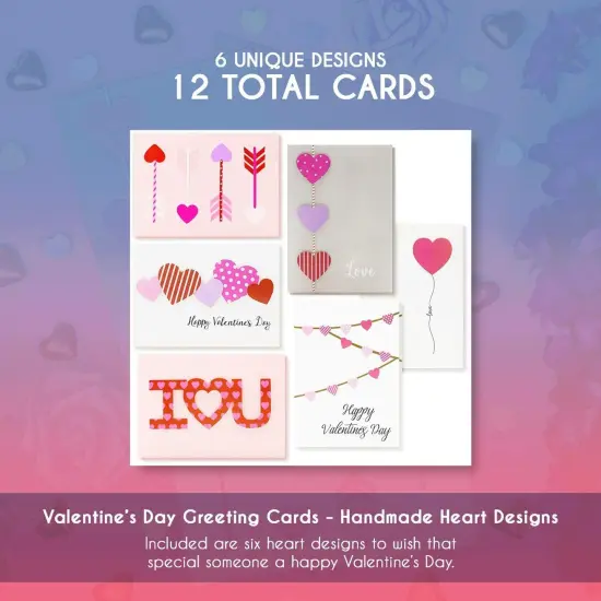 Valentine's Cards with Envelopes, 6 Colorful Heart Designs (5 x 7 In, 12 Pack) Multicolor {4}