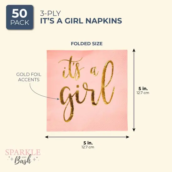 50 Pack It's a Girl Napkins for Baby Shower, Gold Foil Party Supplies (3 Ply, 5x5 In) Pink {2}