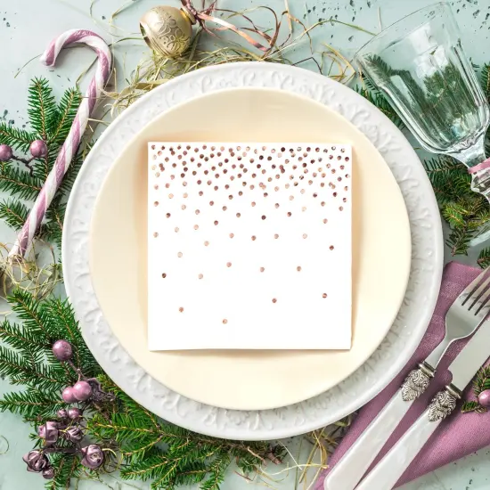 100-Pack Rose Gold Cocktail Napkins - Polka Dot Disposable Paper Napkins for Wedding Reception, Bridal Shower (3-Ply, 5x5 In) {2}