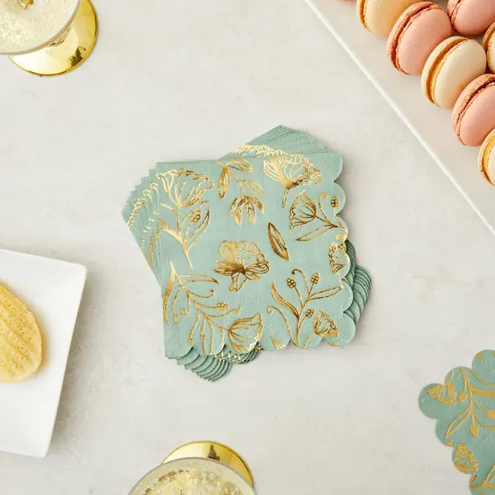 50-Pack Green Paper Napkins with Gold Foil Floral Design and Scalloped Edges, Green Flower Napkins for Weddings, Baby Showers, Bridal Showers, and Garden Parties (3-Ply, 5 x 5 in) {2}