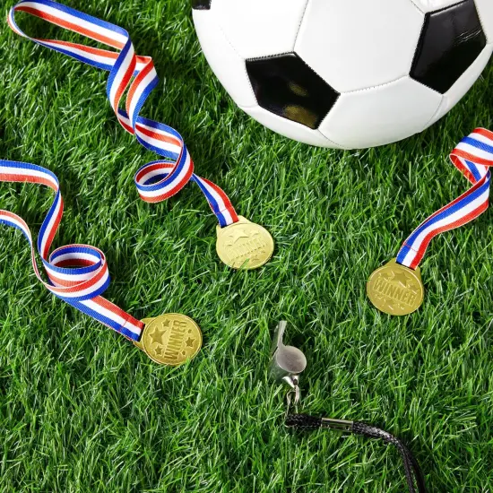 24 Pack Gold Winner Medals for Kids and Adults - Participation Awards with 15.3-Inch Red, White, and Blue Neck Ribbons for Sports, Tournaments, Competitions (Metal, 1.5 In) {4}