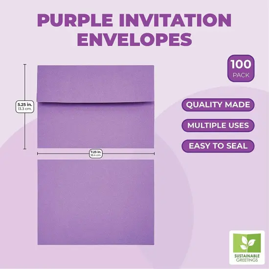 100 Pack 7 x 5 Invitation Envelopes, A7 Gummed Seal Square-Flap Invite Envelope for Wedding, Holiday, Birthday, Baby Shower - Purple - 120 GSM - 7 x 5 inches {2}