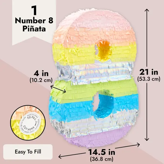 Large Number 8 Pinata for 8th Birthday Party Decorations, Rainbow Pastel (21 x 14.5 x 4 In) Multicolor {3}