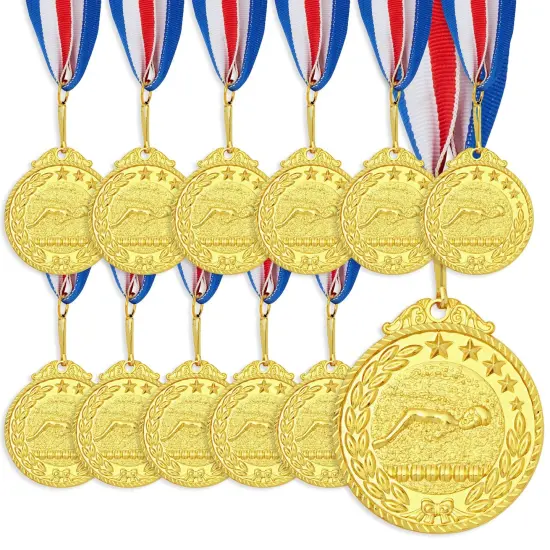 12Pack Swimming Medals with Ribbons for All Ages, Gold Medals for Awards, 2 Inch Diameter with 15 Inch Ribbon Loop {1}