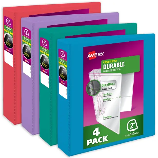 Avery Durable View 3 Ring Binders, 2 Inch Slant Rings, 530-Sheet Capacity, DuraHinge, 2.8 Inch Wide Spine, Customizable Clear Covers and Spine, Assorted Bright Colors (4-Pack of 05635) {1}