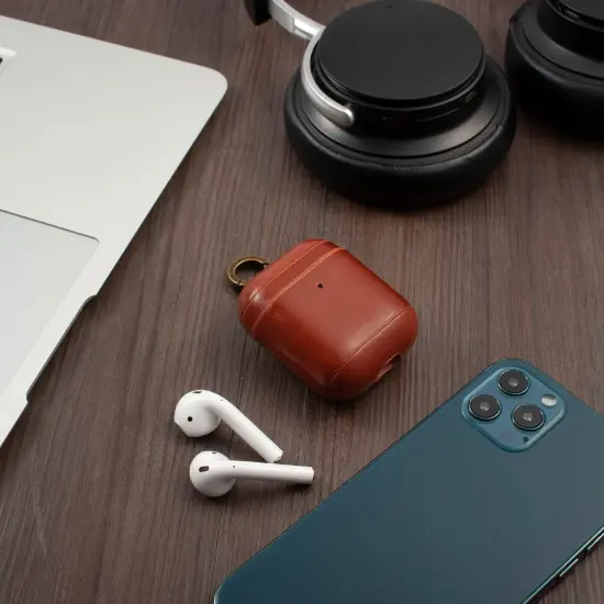 Insten Genuine Leather Case Compatible with Airpods 2 & 1 Carrying Case with Anti Loss Keychain Hook, Front LED Light Visible, Full Body Protective Skin Cover For Women Men Girls Boys, Brown {6}