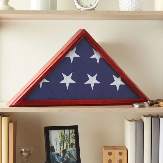 Large Flag Box Display Case for Burial Flag, Veterans, Triangle Holder for a Folded 5' x 9.5' Military Flag with Wall Mount and Glass Front (Cherry Wood Finish, 24.7 x 12.4 x 3.5 In) Brown {3}