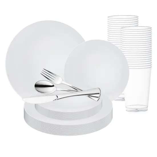 White with Silver Rim Organic Round Disposable Plastic Wedding Value Set (60 Settings) {1}