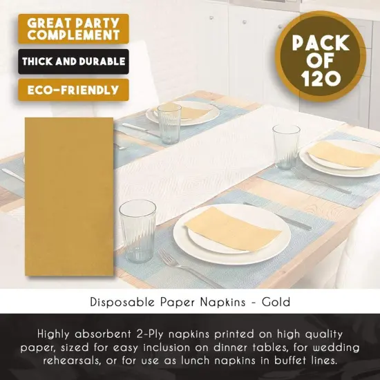 120-Pack Gold Dinner Napkins for Party - Disposable Gold Paper Napkins for Wedding, Birthday, Graduation, 7.5x4.25 In {5}