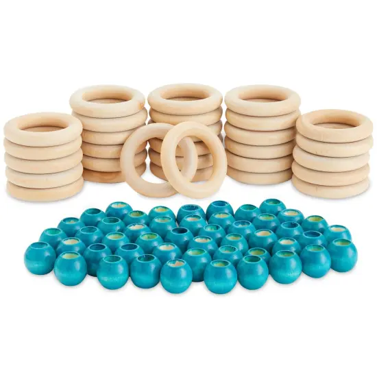 Unfinished Teal Wood Beads and Wooden Rings for Macrame, DIY Crafts (80 Pieces) Multicolor {1}