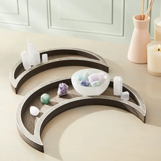 2 Piece Wooden Crescent Moon Tray for Crystals and Essential Oils, Rustic Style Home Decor for Nursery (Brown) {2}
