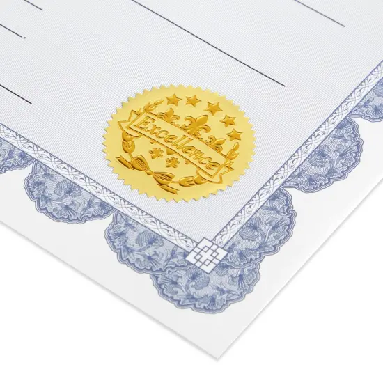 48 Sheets Blue Floral Certificate of Completion Paper for Printing with Gold Foil Sticker Seals - Customizable with Border for Graduation, Diploma, Awards, Recognition Documents (8.5 x 11 in) {6}