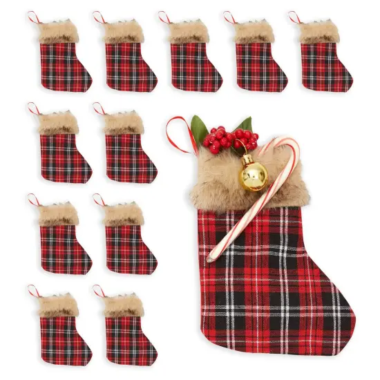 Mini Christmas Stockings,Red Buffalo Plaid Holiday Decor (6x8 In, 12 Pack) {1}