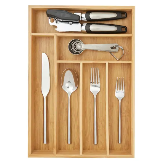 Bamboo Silverware Drawer Organizer with 6 Slots, Wooden Cutlery Tray Holder for Kitchen, Flatware, Utensils, 14.5 x 10.25 x 1.75 In Brown {6}