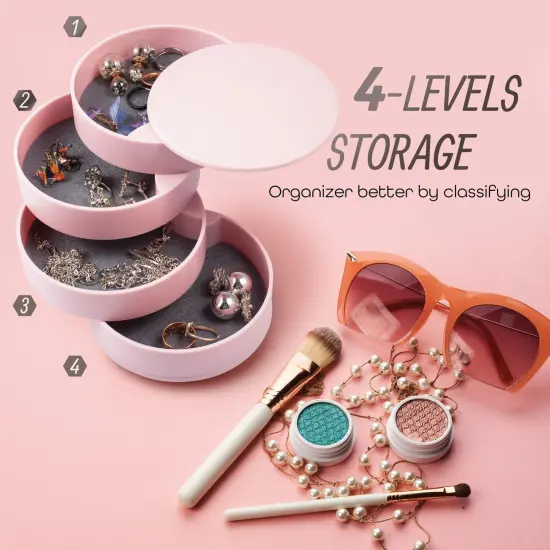 Zodaca 4 Layer Jewelry Storage Organizer, 360 degree Rotating Tiered Jewelry Trinket Tray, Small Plastic Ring Bracelet Earring Holder for Women, Pink {2}