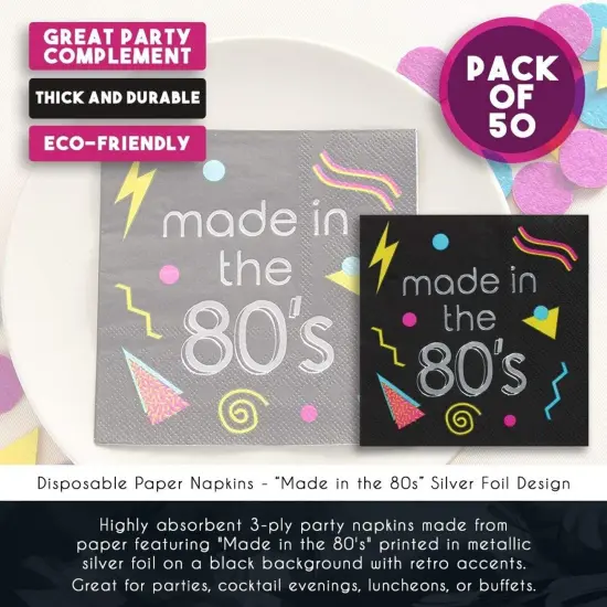 Made in the 80&rsquo;s Napkins for Birthday Parties (5 x 5 In, Black, 50 Pack) {4}