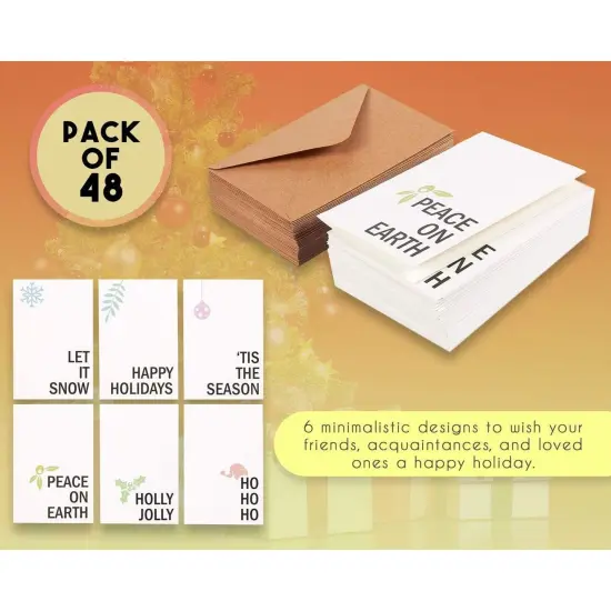 48-Pack Merry Christmas Greetings Cards with Envelopes Set, 4x6 Xmas Note Cards Box Set for Festive Seasons, Holiday Cards Bulk, 6 Minimalistic Designs White {3}