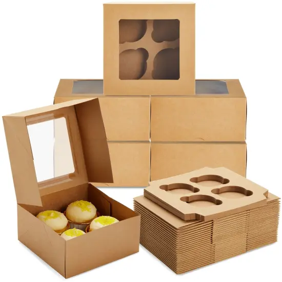 24 Pack Cupcake Containers with Windows, 6x6 Boxes with 4 Count Inserts for Muffins (Kraft Paper) Brown {1}