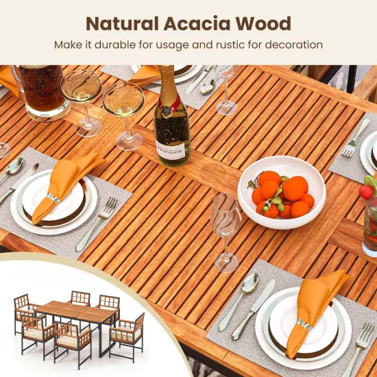 Costway 7 PCS Patio Dining Set Outdoor Acacia Wood Table with Soft Cushions Umbrella Hole {6}