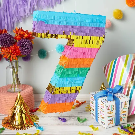 BLUE PANDA Rainbow Number 7 Pinata for Kids Ages 3-14 Birthday Party Decorations, Fiesta, Cinco de Mayo Celebration, Small (12 x 3 x 16.75 In) Multicolor {3}