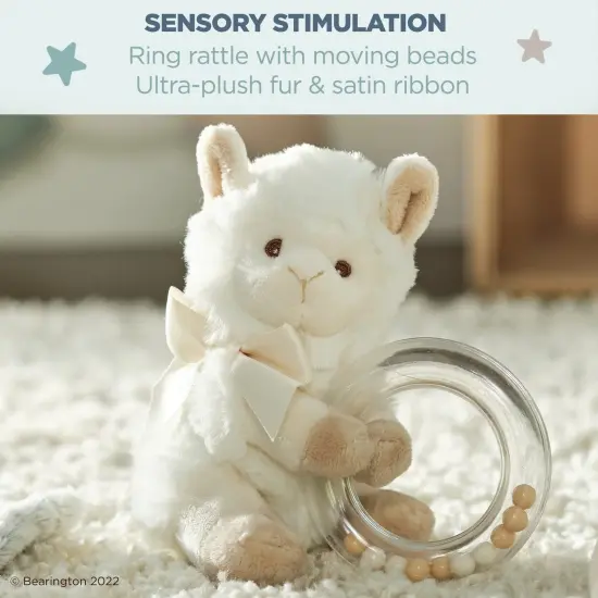 Bearington Baby Lil&rsquo; Alma Stuffed Animal Rattle: 5.5&rdquo; Llama Shaker Toy with Soft Plush Faux-Fur, Satin Bow, Clear Ring and Moving Beads; Makes a Great Baby Shower Gift White {5}