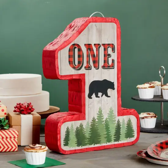 Number 1 Pinata for Kids Lumberjack First Birthday Decorations, Red/Black Buffalo Plaid (16.6 x 13 x 3 In) {2}