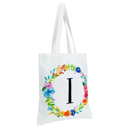 Set of 2 Reusable Monogram Letter I Personalized Canvas Tote Bags for Women, Floral Design (29 Inches) White {6}