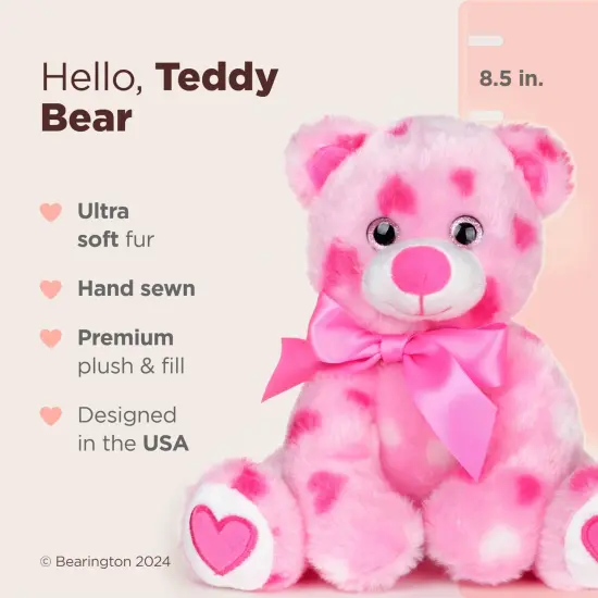 Bearington Collection Pink Plush Stuffed Animal Teddy Bear With Hearts, Adorable, Soft Cuddly Plush With A Pink Bow, Gift For Birthdays, Holidays & Valentines Day, 8.5 inches, For Ages 3-14 {2}