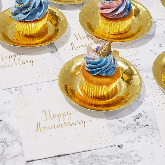 50 Pack Happy Anniversary Napkins, Gold Foil Cocktail Napkins for Wedding Anniversary, Party Decorations, Disposable (5 In) White {2}
