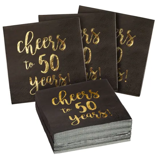 BLUE PANDA 50 Pack Cheers to 50 Years Printed Cocktail Napkins for 50th Birthday and Anniversary - 3-Ply, Black & Gold Foil {1}