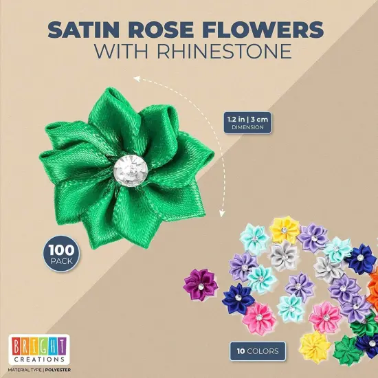 Satin Ribbon Daisy Flower Heads with Rhinestones, 10 Colors (1.2 in, 100 Pack) Multicolor {2}
