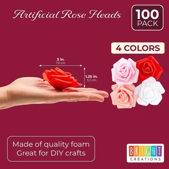 100 Pack Pink and White Artificial Rose Heads, 3-Inch Stemless Flowers for Valentine's Day, Weddings, Bouquets, DIY Crafts (4 Colors) Red {5}