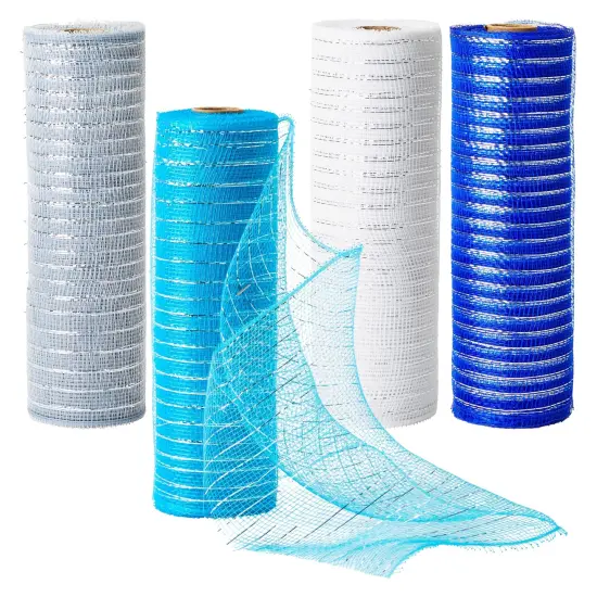 4-Pack Deco Mesh Ribbon Rolls, 1080 x 10 Inches Craft Mesh for Wreaths, Centerpieces, Decorations, Metallic Poly Burlap Mesh 10 inches in Blue, Silver, White, and Royal Blue Multicolor {1}