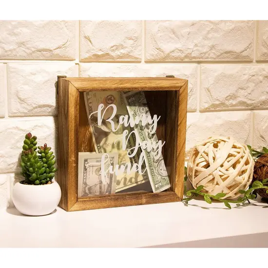 Genie Crafts Wooden Shadow Box Bank, Rainy Day Fund (7.1 x 1.8 Inches) Brown {3}