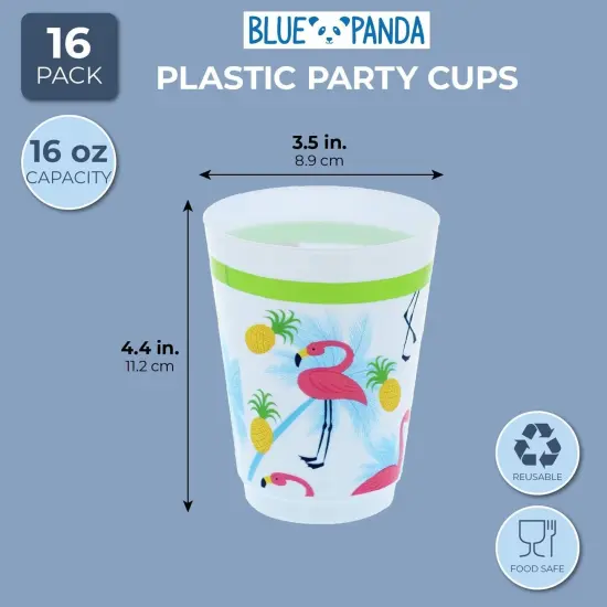 Blue Panda Plastic Party Cups 16 Pack - Tropical Flamingo Reusable Tumblers - 16 oz {2}