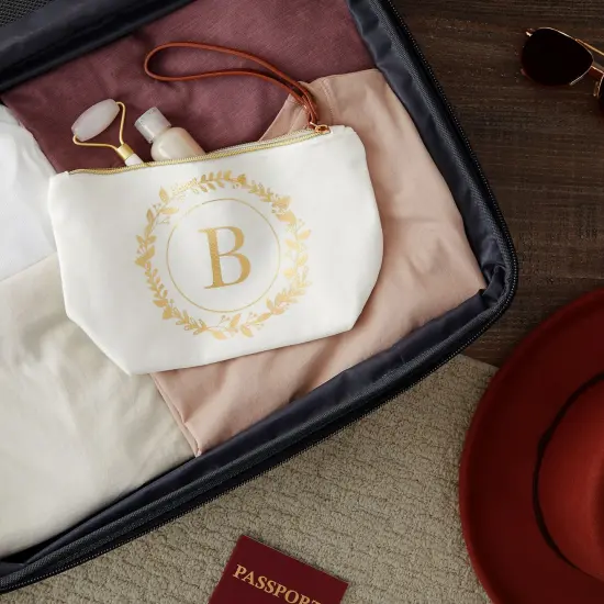 Gold Initial B Personalized Makeup Bag for Women, Monogrammed Canvas Cosmetic Pouch (White, 10 x 3 x 6 In) {2}