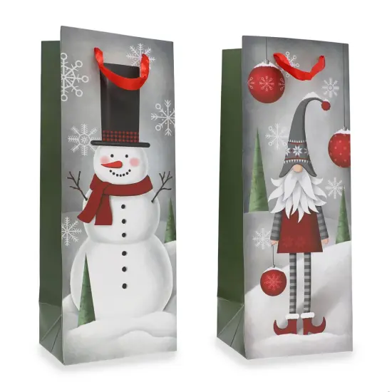 Bright Creations 12 Pack Christmas Wine Gift Bags with Tissue Paper Wrapping, 4 Gnomes Snowmen Designs for Home Party Holiday Supplies, Fun and Festive Xmas Packaging (5 x 13.6 x 4 in) Gray {4}