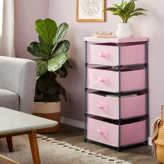 4-Tier Tall Closet Dresser with Drawers - Clothes Organizer and Small Fabric Storage for Bedroom (Pink) {3}