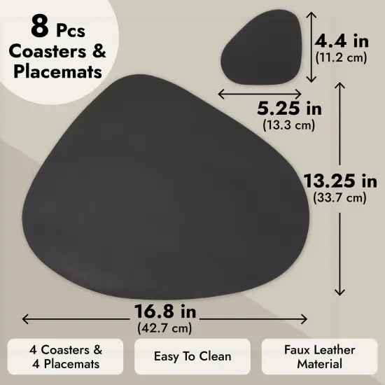 Set of 4 Wedge Placemats with Matching Coasters for Kitchen, Dining Table (Black, Faux Leather, 8 Pieces) {4}