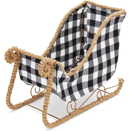 Small Santa Claus Christmas Sleigh Decoration, White and Black Buffalo Plaid Table Centerpiece for Holiday Decor (11 x 5 x 7.8 in) {1}
