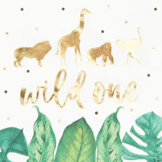 50 Pack Wild One Napkins for Jungle Safari First Birthday Party Supplies, Animal Print Napkins for Boys or Girls Party, Green Leaves with Gold Foil Accents (5 x 5 In) {7}