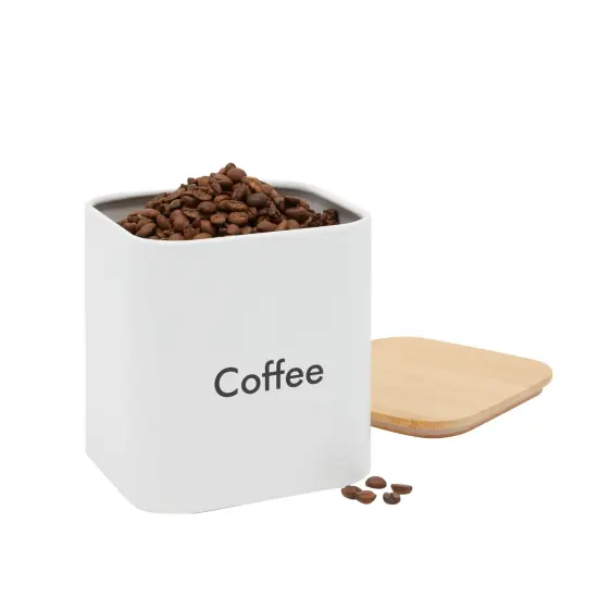 Coffee Tea Sugar Container Set - White Iron Kitchen Canister Set with Bamboo Lids (3 Pieces, 48 oz) {4}