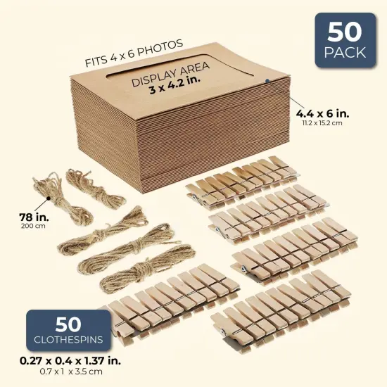 50 Pack Cardboard Picture Frames, 4x6 DIY Photo Hanging Kit with Wooden Clips and Paper String for Home Wall Decor Brown {3}