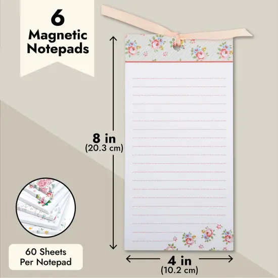 6-Pack Magnetic Notepads for Refrigerator - Floral Shopping List, To-Do, Memo, Scratch Pads (4x8 In, 60 Sheets Each) White {4}