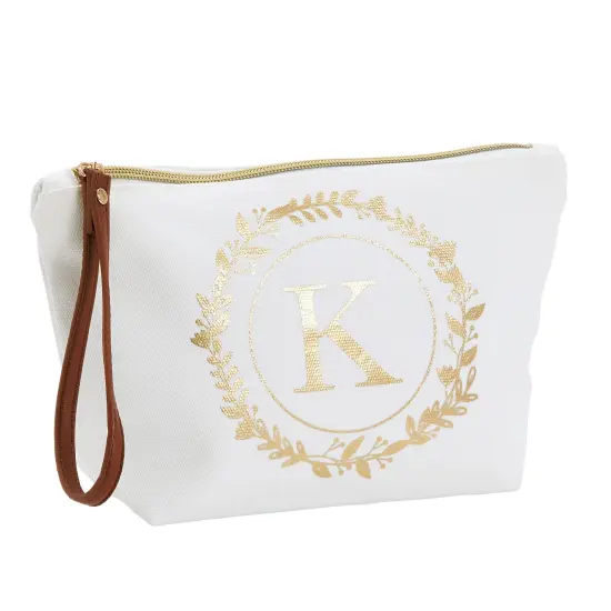 Gold Initial K Personalized Makeup Bag for Women, Monogrammed Canvas Cosmetic Pouch (White, 10 x 3 x 6 In) {1}