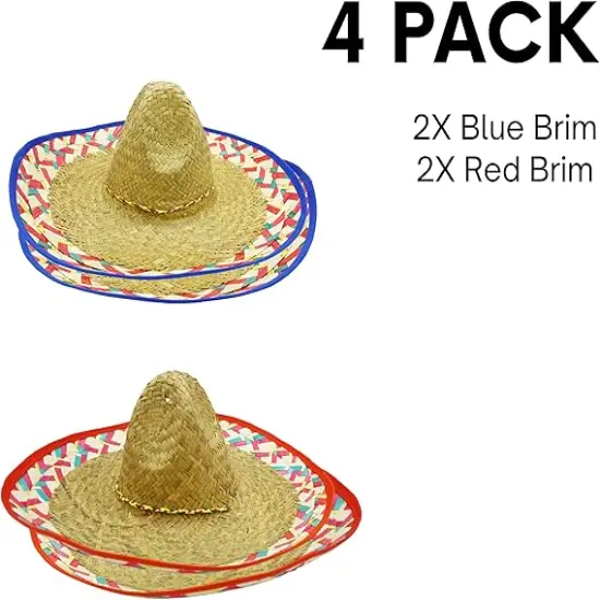 4E's Novelty 4 Pack Bulk Sombrero Hat Made Of Straw With Colorful Serape Trim And Chin Strap, Perfect Cinco De Mayo Hats For Adults Or A Giant Sombrero Hat Look Suits In mexico Sombreros For Party {2}