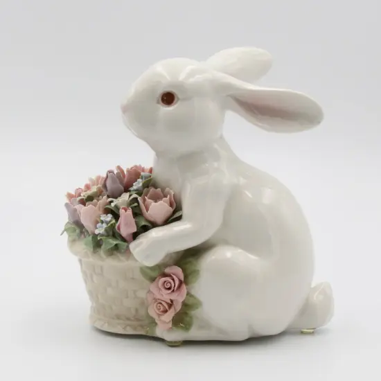 Ceramic Bunny Rabbit With Flower Basket Figurine, Home D&eacute;cor, Gift for Her, Gift for Mom, Kitchen D&eacute;cor, Spring D&eacute;cor, Easter D&eacute;cor {3}