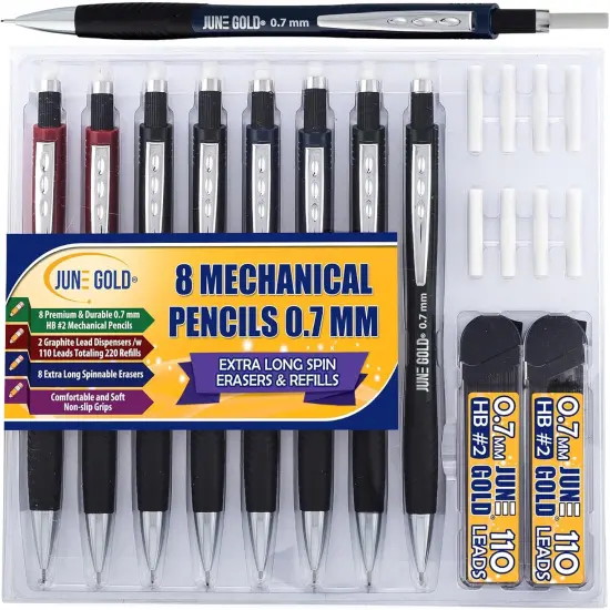 8 Pack 0.7 mm HB #2 Mechanical Pencils, Extra Long Spin Eraser, 2 Lead Dispensers/w 220 Refills & 8 Refill Erasers, Break Resistant Lead, Soft Non-Slip Grip {1}